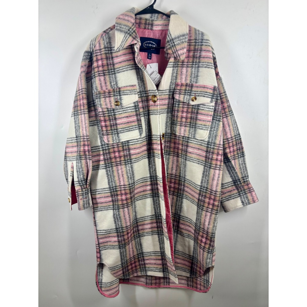 Scoop Womens Plaid Shacket Pink Cream Grey Longline Shirt Jacket Size S